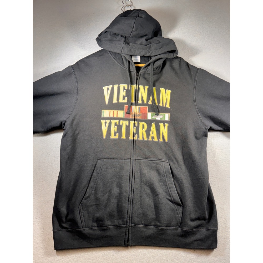 Port & Company Vietnam Veteran Zip Up Hoodie Mens Large Black Military Ribbon